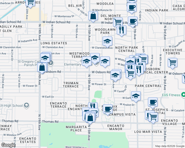 map of restaurants, bars, coffee shops, grocery stores, and more near 1349 West Osborn Road in Phoenix