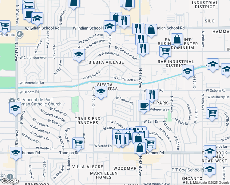 map of restaurants, bars, coffee shops, grocery stores, and more near 4443 West Osborn Road in Phoenix