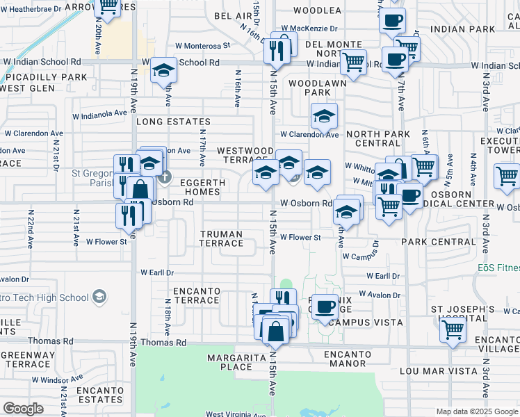 map of restaurants, bars, coffee shops, grocery stores, and more near 1515 West Osborn Road in Phoenix