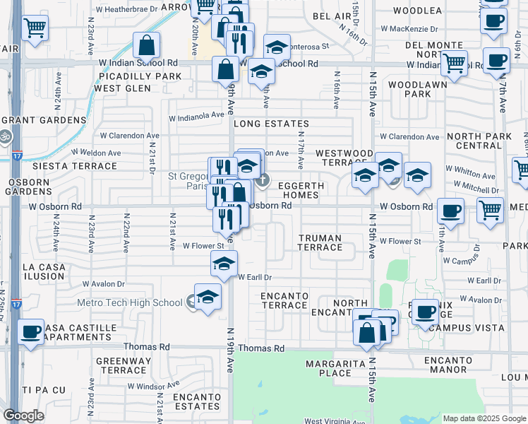 map of restaurants, bars, coffee shops, grocery stores, and more near 1807 West Osborn Road in Phoenix