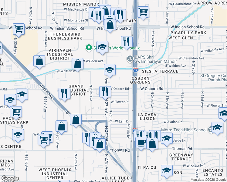map of restaurants, bars, coffee shops, grocery stores, and more near 2617 West Osborn Road in Phoenix