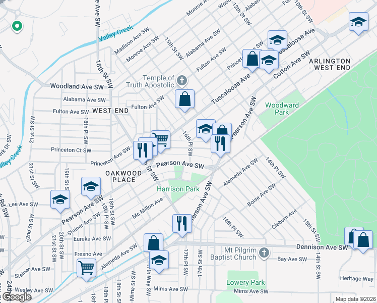 map of restaurants, bars, coffee shops, grocery stores, and more near 814 16th Place Southwest in Birmingham