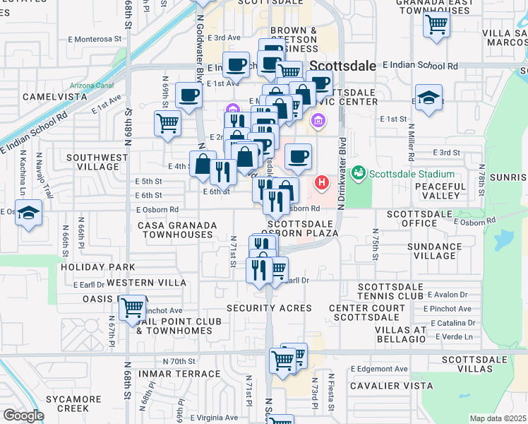 map of restaurants, bars, coffee shops, grocery stores, and more near 3380 North Scottsdale Road in Scottsdale