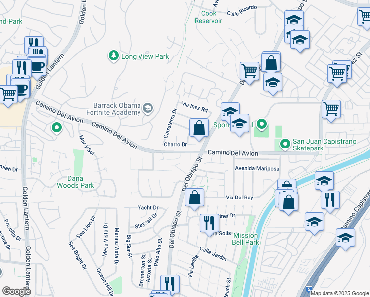 map of restaurants, bars, coffee shops, grocery stores, and more near 25552 Charro Drive in San Juan Capistrano