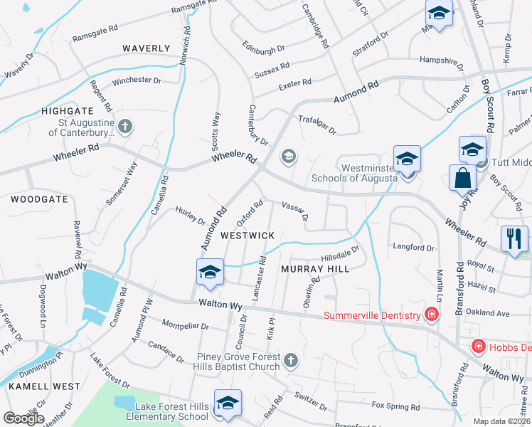 map of restaurants, bars, coffee shops, grocery stores, and more near 738 Oxford Road in Augusta