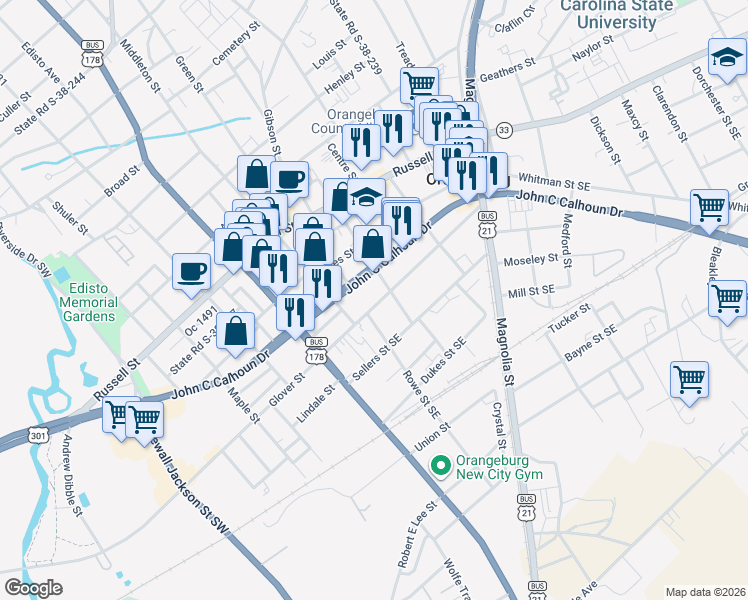 map of restaurants, bars, coffee shops, grocery stores, and more near 1396 Glover Street in Orangeburg
