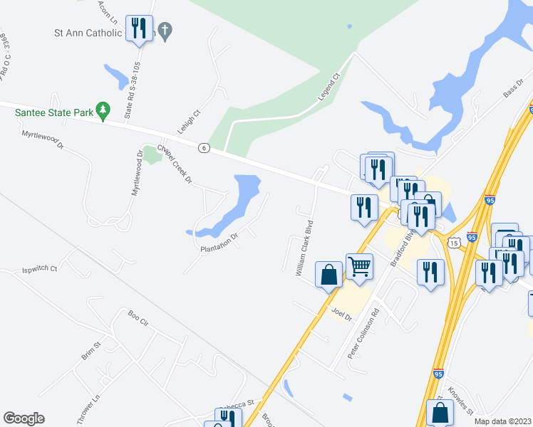 map of restaurants, bars, coffee shops, grocery stores, and more near 631 Plantation Drive in Santee