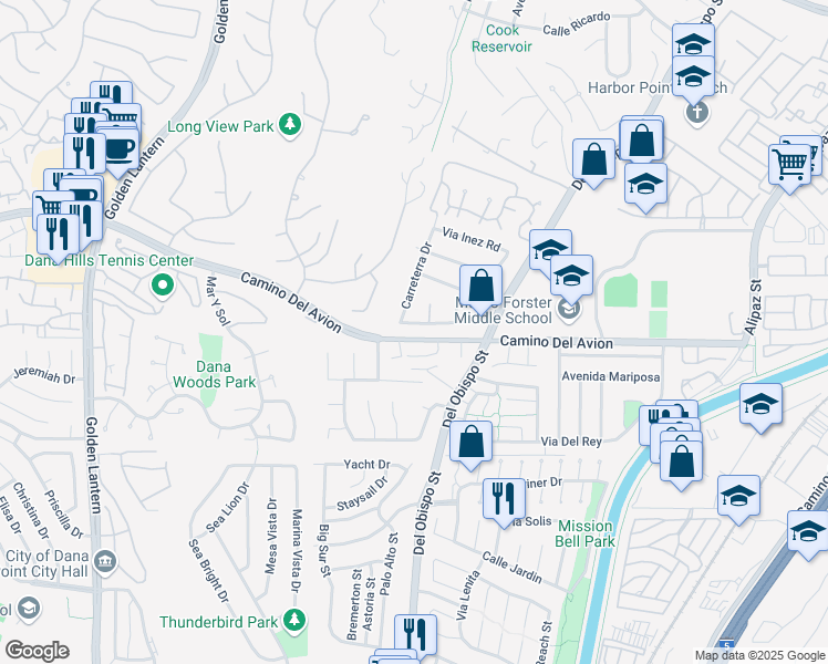 map of restaurants, bars, coffee shops, grocery stores, and more near 25442 Charro Drive in San Juan Capistrano