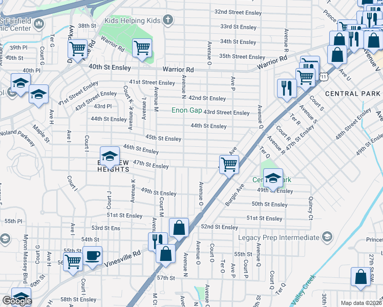 map of restaurants, bars, coffee shops, grocery stores, and more near 1400 46th Street Ensley in Birmingham