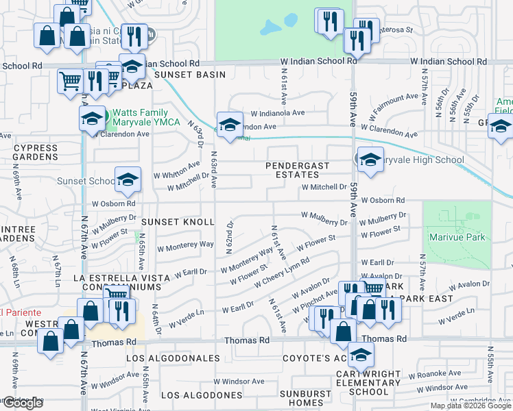 map of restaurants, bars, coffee shops, grocery stores, and more near 6123 West Osborn Road in Phoenix