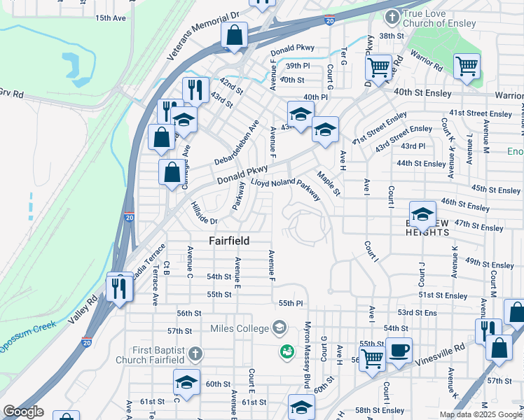 map of restaurants, bars, coffee shops, grocery stores, and more near 512 Pine Pl in Fairfield