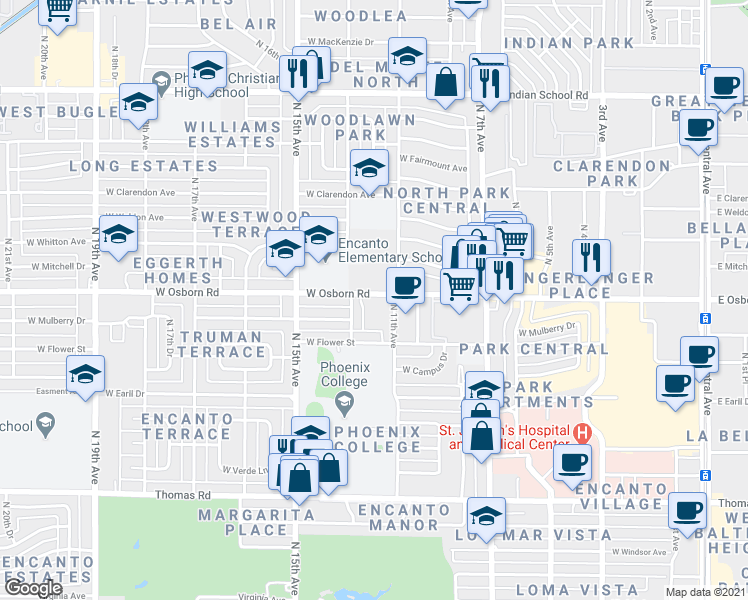 map of restaurants, bars, coffee shops, grocery stores, and more near 1103 West Osborn Road in Phoenix