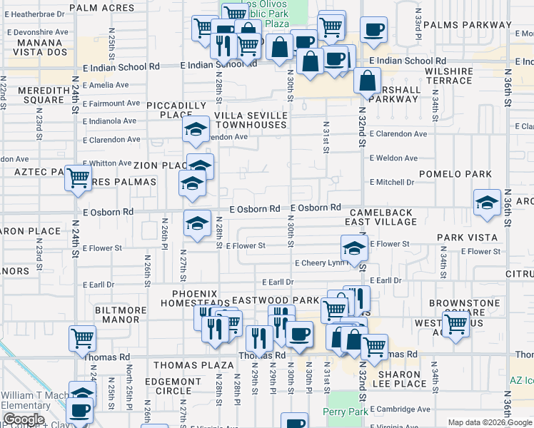 map of restaurants, bars, coffee shops, grocery stores, and more near 2921 East Osborn Road in Phoenix