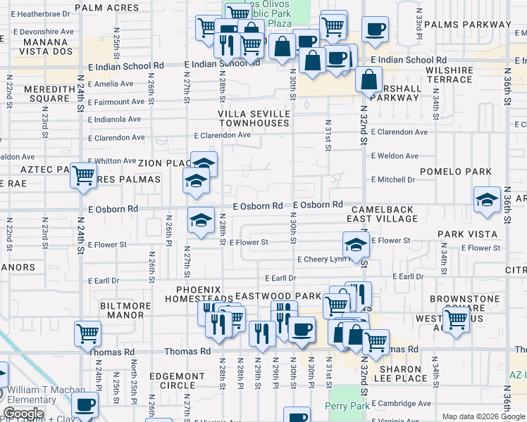 map of restaurants, bars, coffee shops, grocery stores, and more near 2921 East Osborn Road in Phoenix