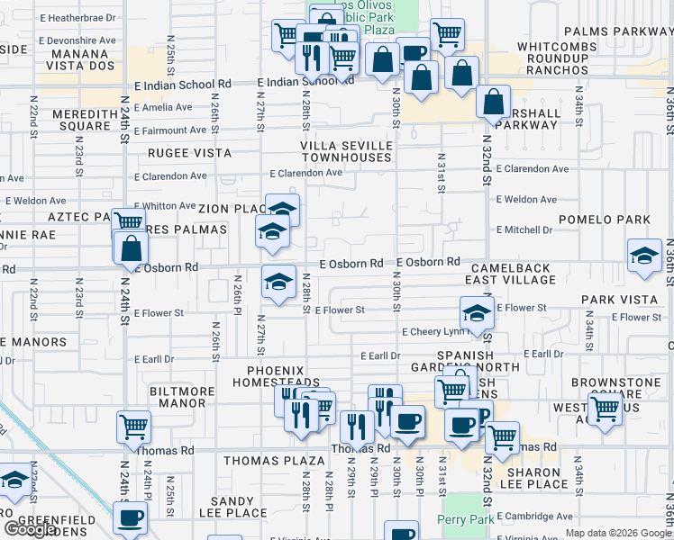 map of restaurants, bars, coffee shops, grocery stores, and more near 2837 East Osborn Road in Phoenix