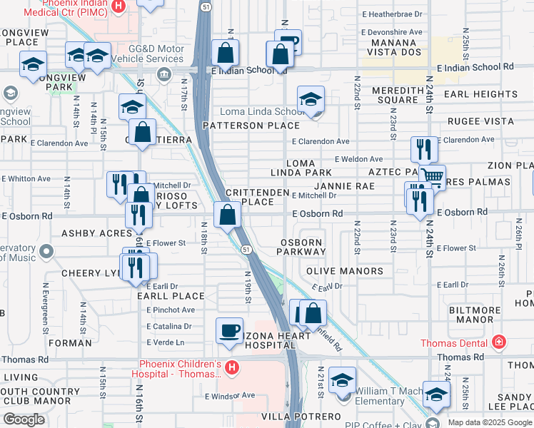 map of restaurants, bars, coffee shops, grocery stores, and more near in Phoenix