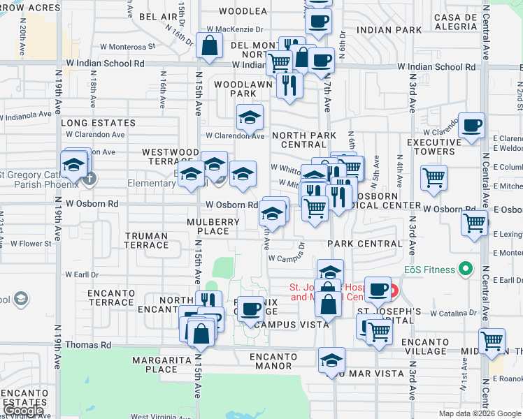map of restaurants, bars, coffee shops, grocery stores, and more near 1103 West Osborn Road in Phoenix