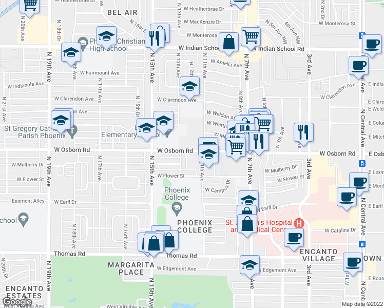 map of restaurants, bars, coffee shops, grocery stores, and more near 1103 West Osborn Road in Phoenix