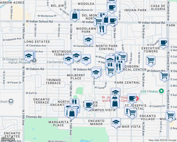 map of restaurants, bars, coffee shops, grocery stores, and more near 1103 West Osborn Road in Phoenix