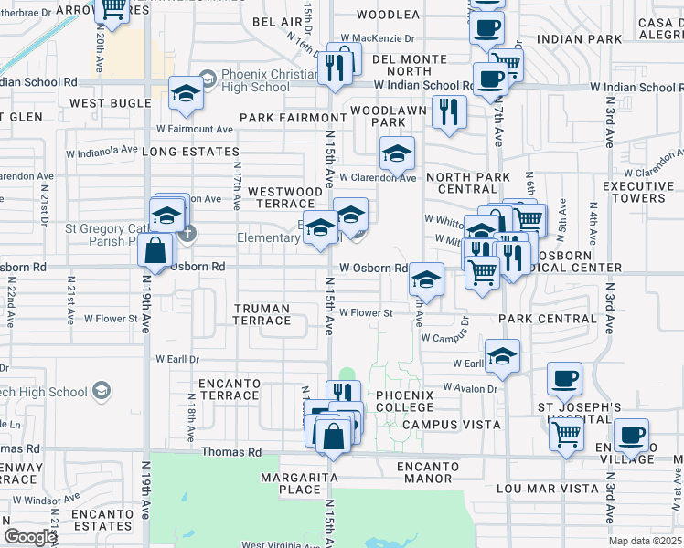 map of restaurants, bars, coffee shops, grocery stores, and more near 1349 West Osborn Road in Phoenix