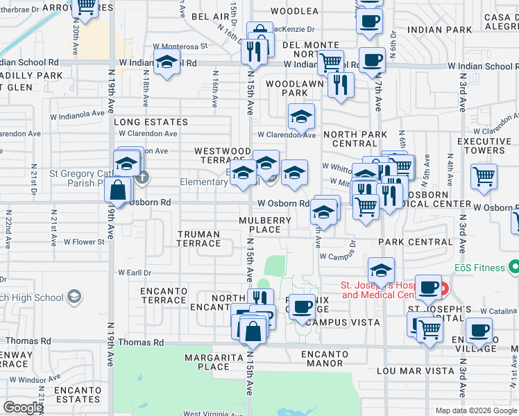map of restaurants, bars, coffee shops, grocery stores, and more near 1349 West Osborn Road in Phoenix