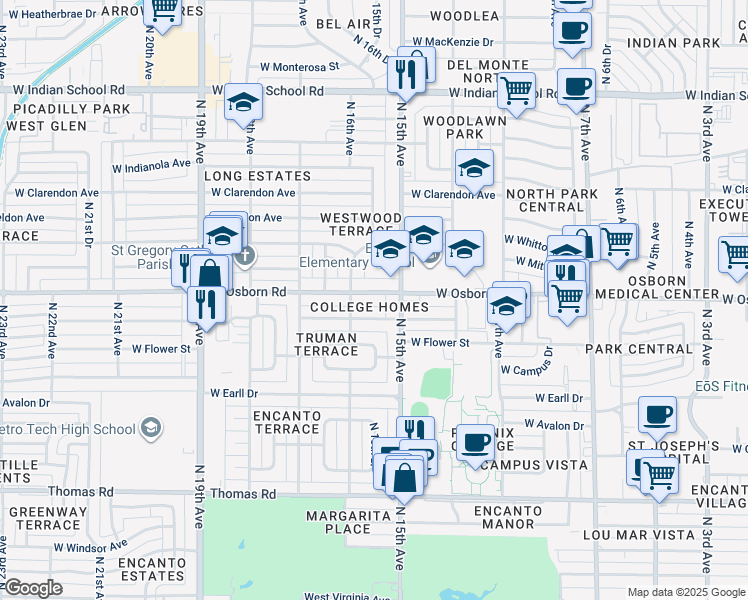 map of restaurants, bars, coffee shops, grocery stores, and more near 1515 West Osborn Road in Phoenix