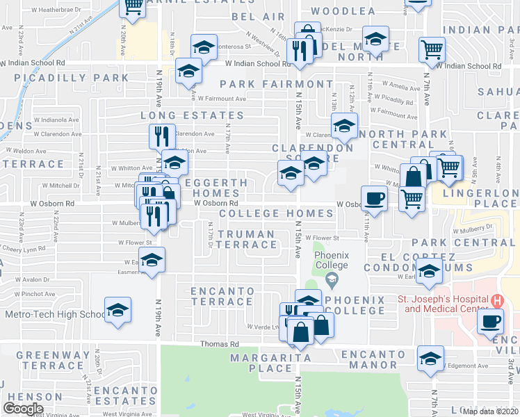 map of restaurants, bars, coffee shops, grocery stores, and more near 1601 West Osborn Road in Phoenix