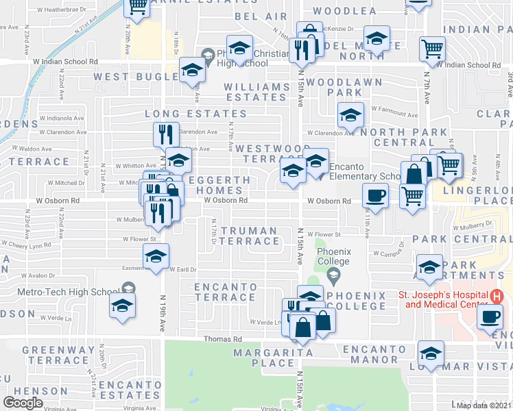 map of restaurants, bars, coffee shops, grocery stores, and more near 1601 West Osborn Road in Phoenix