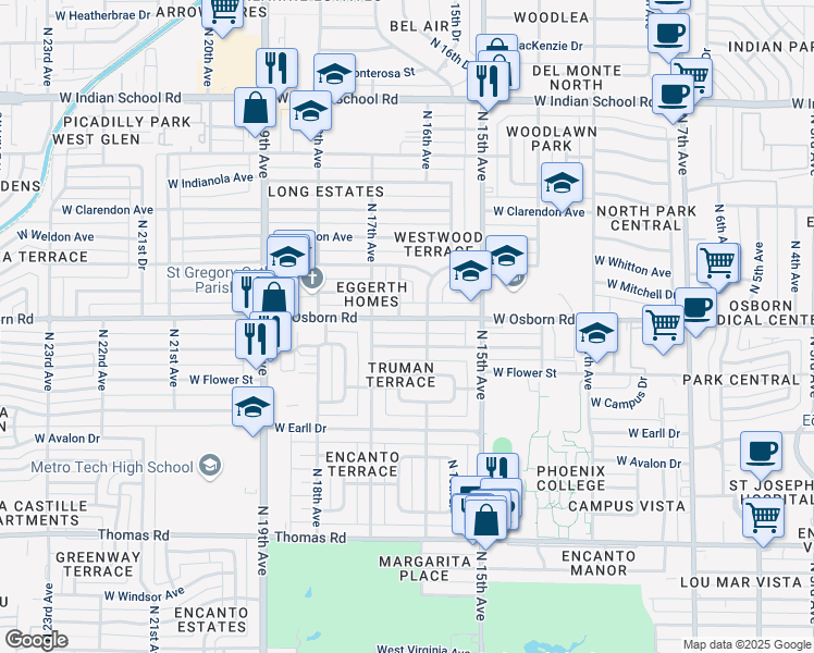 map of restaurants, bars, coffee shops, grocery stores, and more near 1629 West Osborn Road in Phoenix