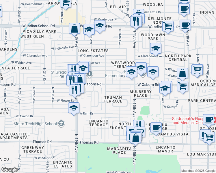 map of restaurants, bars, coffee shops, grocery stores, and more near 1629 West Osborn Road in Phoenix