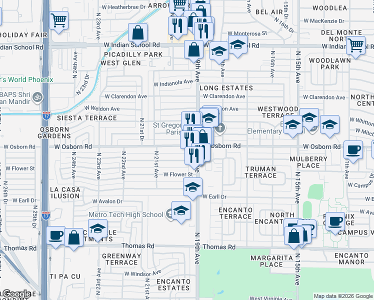 map of restaurants, bars, coffee shops, grocery stores, and more near 1923 West Osborn Road in Phoenix