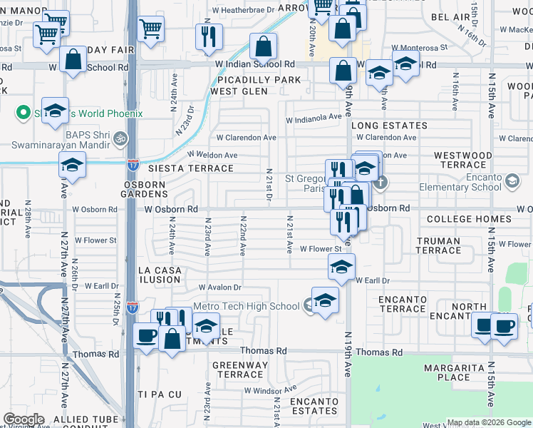 map of restaurants, bars, coffee shops, grocery stores, and more near 2147 West Osborn Road in Phoenix