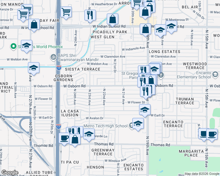 map of restaurants, bars, coffee shops, grocery stores, and more near 2147 West Osborn Road in Phoenix