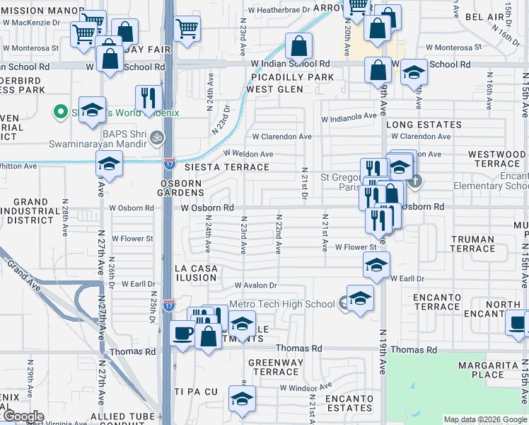 map of restaurants, bars, coffee shops, grocery stores, and more near 2215 West Osborn Road in Phoenix
