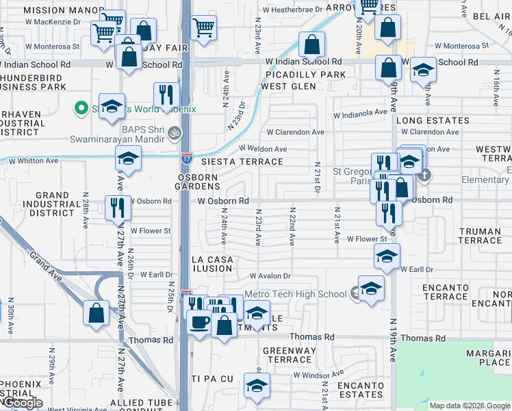 map of restaurants, bars, coffee shops, grocery stores, and more near 3338-3398 North 23rd Avenue in Phoenix