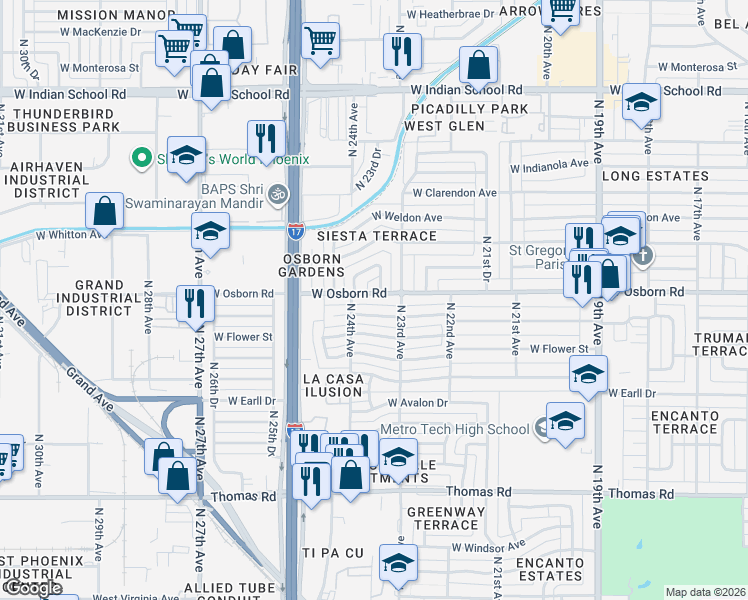 map of restaurants, bars, coffee shops, grocery stores, and more near 2333 West Osborn Road in Phoenix