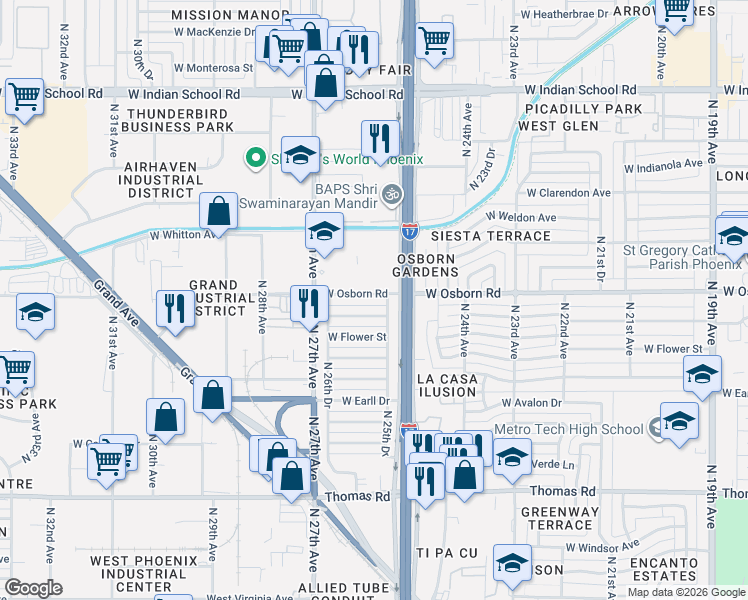 map of restaurants, bars, coffee shops, grocery stores, and more near 2541 West Osborn Road in Phoenix