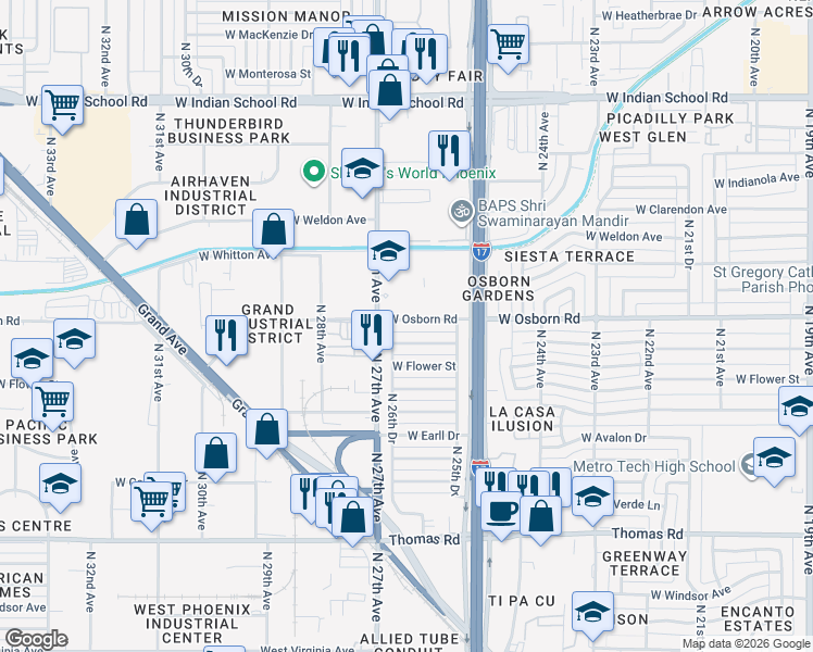 map of restaurants, bars, coffee shops, grocery stores, and more near 2617 West Osborn Road in Phoenix