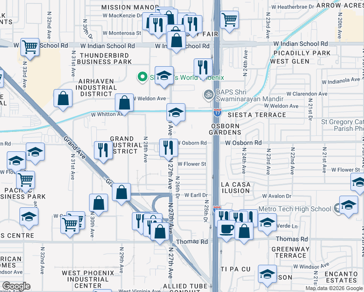 map of restaurants, bars, coffee shops, grocery stores, and more near 2617 West Osborn Road in Phoenix