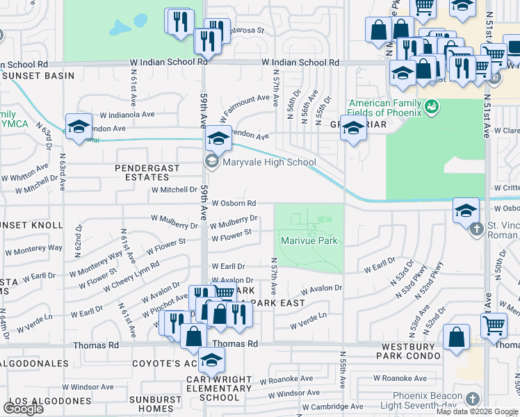map of restaurants, bars, coffee shops, grocery stores, and more near 5729 West Osborn Road in Phoenix
