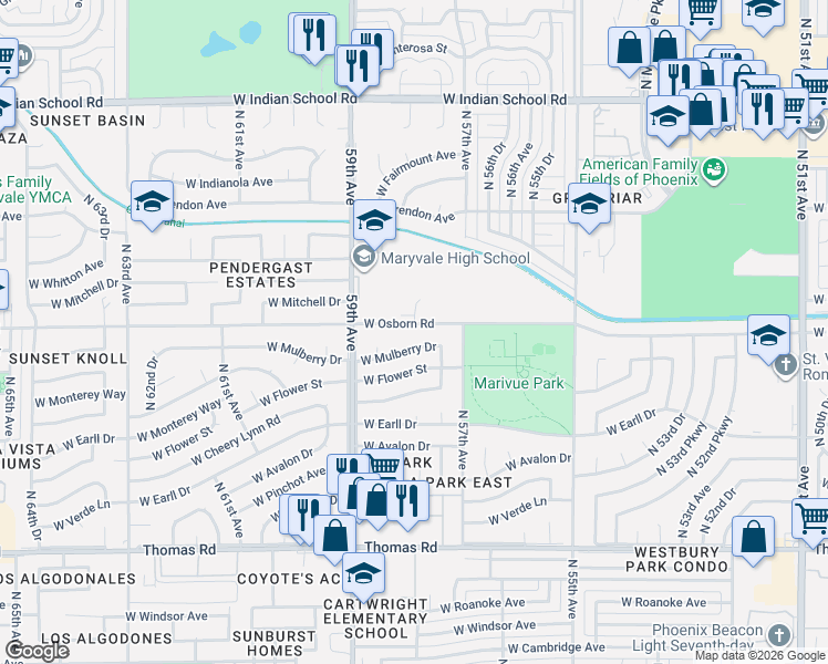map of restaurants, bars, coffee shops, grocery stores, and more near 5729 West Osborn Road in Phoenix