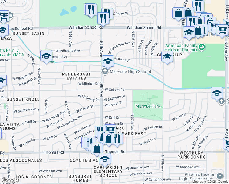 map of restaurants, bars, coffee shops, grocery stores, and more near 5817 West Osborn Road in Phoenix
