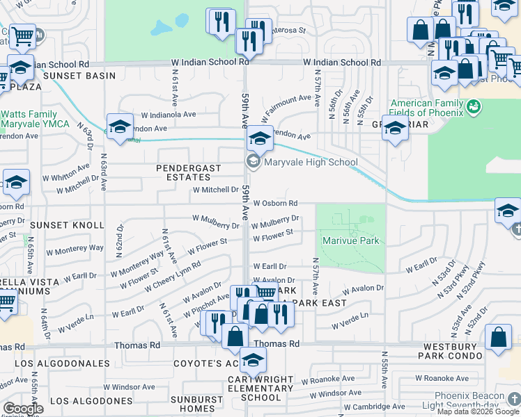 map of restaurants, bars, coffee shops, grocery stores, and more near 5817 West Osborn Road in Phoenix