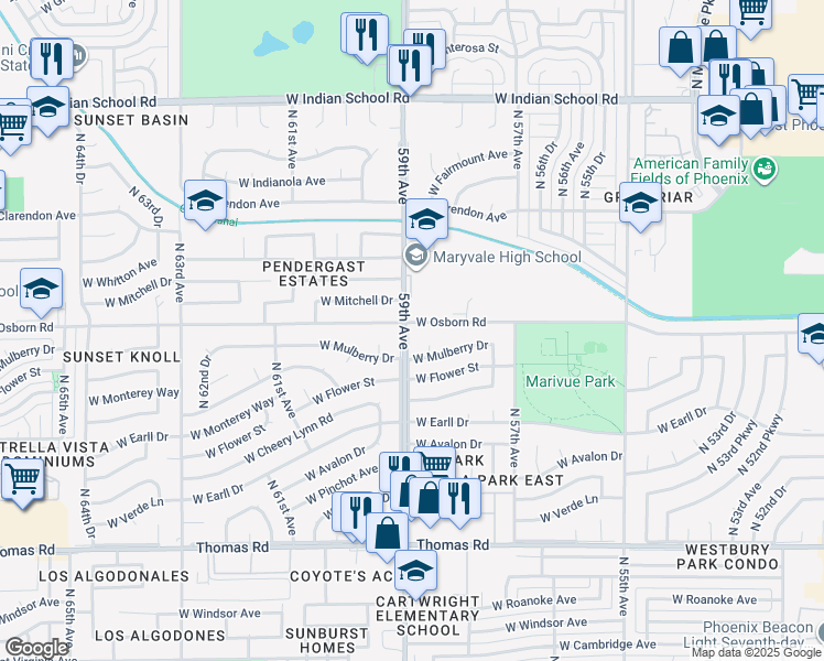 map of restaurants, bars, coffee shops, grocery stores, and more near 3362 North 59th Avenue in Phoenix