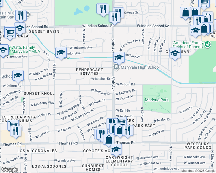 map of restaurants, bars, coffee shops, grocery stores, and more near 3362 North 59th Avenue in Phoenix