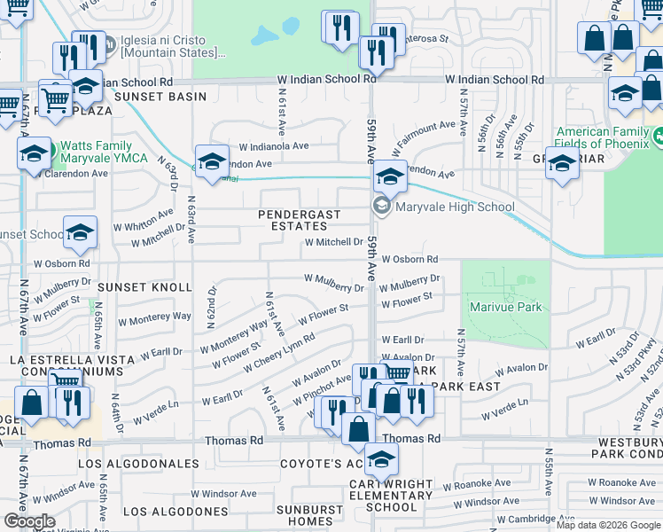 map of restaurants, bars, coffee shops, grocery stores, and more near 5933 West Osborn Road in Phoenix