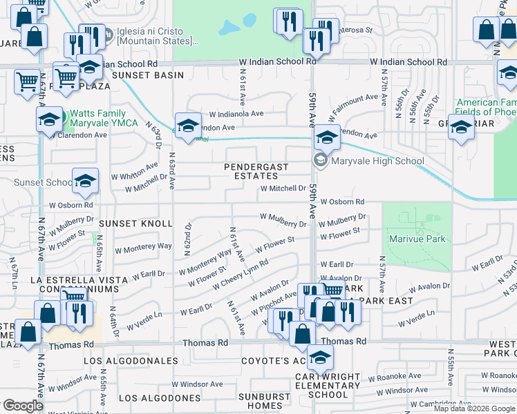 map of restaurants, bars, coffee shops, grocery stores, and more near 6027 West Osborn Road in Phoenix