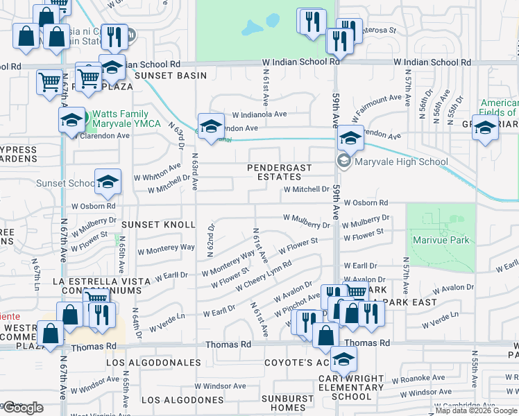 map of restaurants, bars, coffee shops, grocery stores, and more near 6067 West Osborn Road in Phoenix