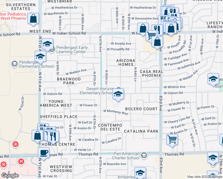 map of restaurants, bars, coffee shops, grocery stores, and more near 8629 West Mitchell Drive in Phoenix