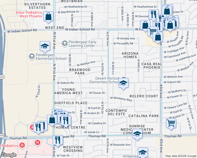map of restaurants, bars, coffee shops, grocery stores, and more near 3409 North 88th Avenue in Phoenix